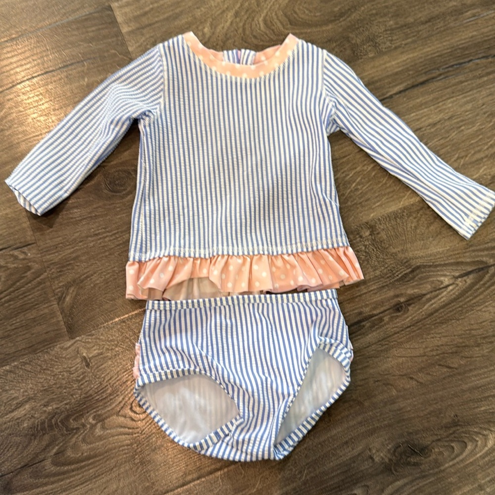 Ruffle Butts Blue/Pink Seersucker Two Piece Swimsuit (18-24M)